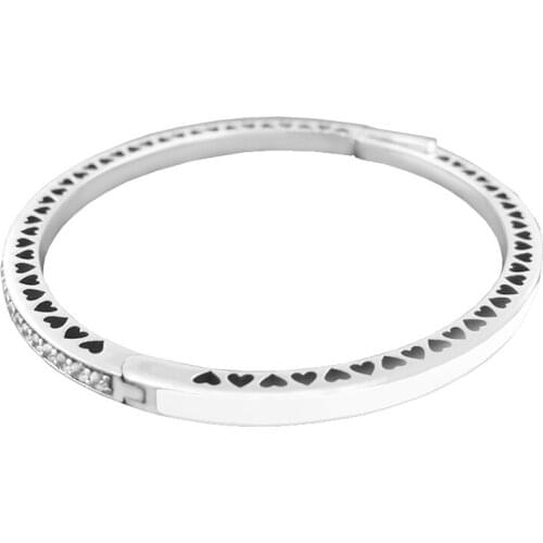 Radiant Hearts Bangles 100% 925 Sterling Silver Jewelry with Silver Enamel and Clear CZ Free Shipping