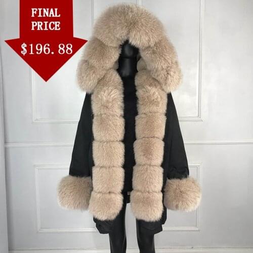 CNEGOVIK Real fox fur parka women inside real rabbit fur lined parkas with fox fur hood women Jacket