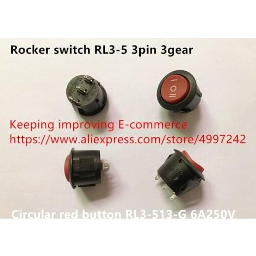 Original new 100% import rocker switch 3pin 3gear circular red button RL3-513-G 6A250V