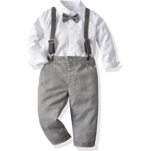 1 to 7 Years Children Clothing Suit 2021 New Gentleman Outfits Party Set Long Sleeved White Shirt + Grey Pants + Belt Kids Boys