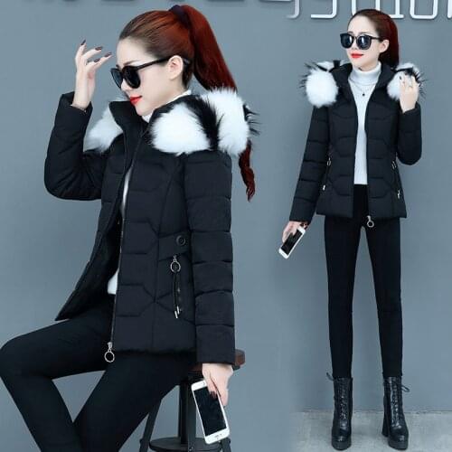 2021 New Winter Jacket Women Parkas Faux Fur Collar Hooded Coat Down Cotton Outwear Korean Ladies Short Overcoat Casaco Feminino