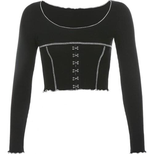 Summer Women Top Sexy Black Tight-fitting Long-sleeved O-neck Buckle Top Slim Button Top T-shirt Summer Streetwear