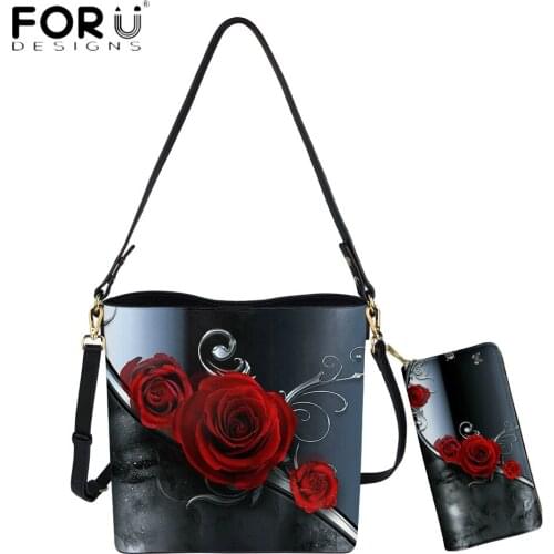 FORUDESIGNS Hot Style Women 2pcs Set Luxury Bucket Bag Purse Art Rose Flower Print Ladies Casual PU Leather Crossbody Bolsas
