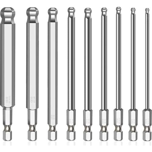 9Pcs Ball End Hex Head Screwdriver Bits Set Hex Bit S2 Alloy Steel 100mm Long Magnetic Metric Ball End Magnetic Tips