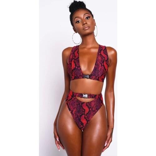 2021 New Sexy Deep V High Waist Bikini Set Snakeskin Print Swimwear Women Swimsuit Female Two Pieces Bikini Bather Bathing Suits
