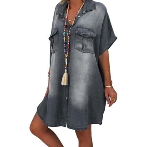 Fashion Women Dress Short Sleeve Pockets Single-breasted Loose Knee-length Shirt Dress vestido de mujer платье летнее женское