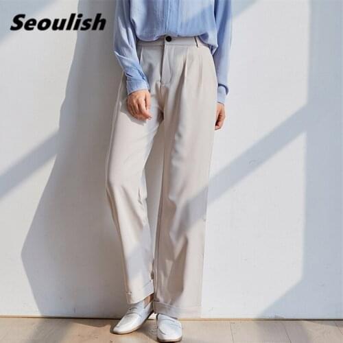 Seoulish New Formal Womens Wide Leg Pants Minimalist High Waist Elegant Office Lady Loose Female Workwear Pants Pockets 2021