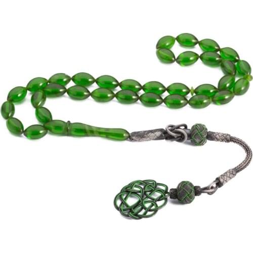 Silver Green Amber Gemstone Prayer Rosary Men Barley Cut Rosary With Silver Tassel Islamic Tasbih With Knitting Tassel