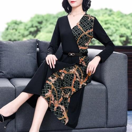Spring Autumn Print Patchwork Vintage Long Dress Office Lady Casual 3XL Plus Size Midi Dress Elegant Women Bodycon Party Vestido