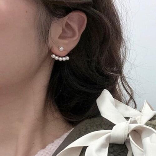 SRCOI Korean Pearl Geometry Statement Simulated Stud Earrings Fashion Front Back Imitation pearls Earrings For Women Girl Party