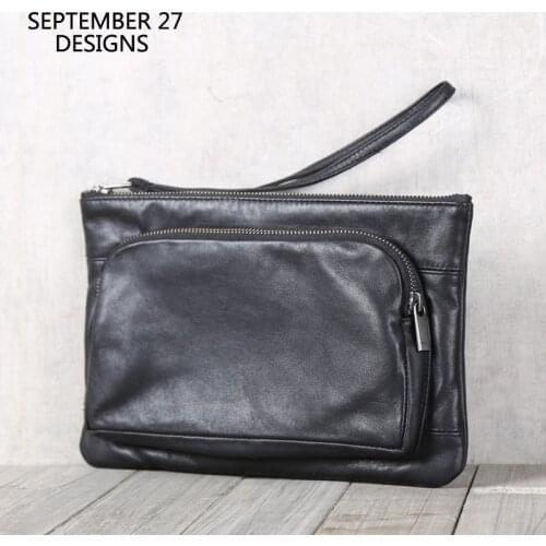 New Clutch Bags Men Genuine Leather Luxury Handmade Top-end Wristlets Bag Cowhide Male Business ipad Cell Phone Envelope Pack