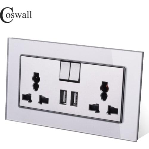 COSWALL Grey Gray 13A Universal Switched Socket 2 USB Charge Port Output 2.1A Wall Outlet Crystal Glass Panel