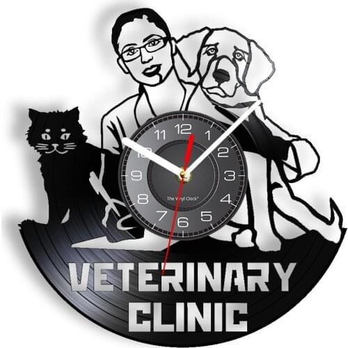 Veterinary Medicine Clinic Vinyl Record Wall Clock Animal Pet Hospital Decor Cat and Dog Art Silent Watch Veterinarian Gift