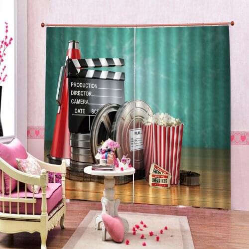 Photo Custom Movie Theater Shower Curtain Production 3D Film Reels Clapperboard Tickets Popcorn and Megaphone Fabric Curtains
