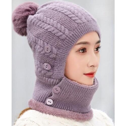 Female Warm Knitted Hat Women Beanie Hat One-piece Bobble Scarf Mask Set Knitted Winter Warm Snow Cap Dustproof Hats