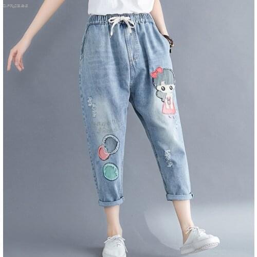 New Arrivals Plus Size Cartoon Embroidery Woman Denim Jeans Fashion Summer Streetwear Loose Jean Capris Pants Female 3XL 4XL