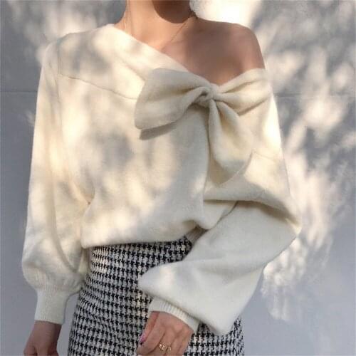 Alien Kitty 2021 Hot Bare Shoulders Sweater Sexy Bow Solid Retro OL Knitted Pullover Sweet Women Loose Chic Casual Femme Tops