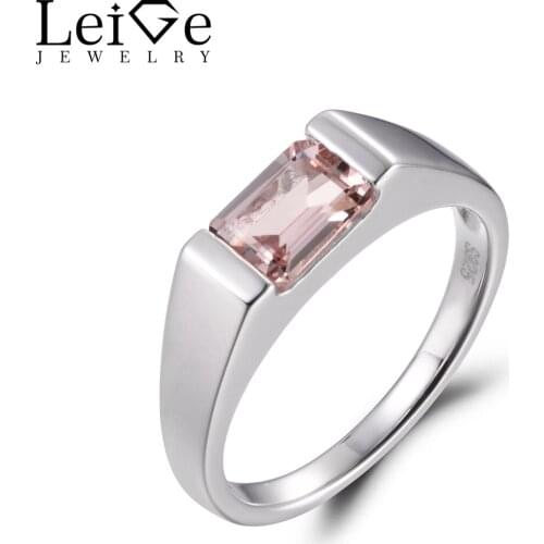 LeiGe Jewelry Emerald Cut Natural Pink Morganite Rings Cocktail Party Rings Solid 925 Sterling Silver Couple Rings Romantic Gift