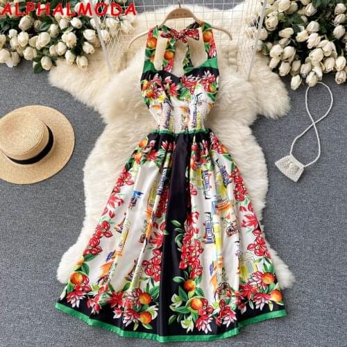 ALPHALMODA Halter Neck Backless Women New Holiday Printed Dress Stretchy Waist A-line Women Holiday Beach Dress
