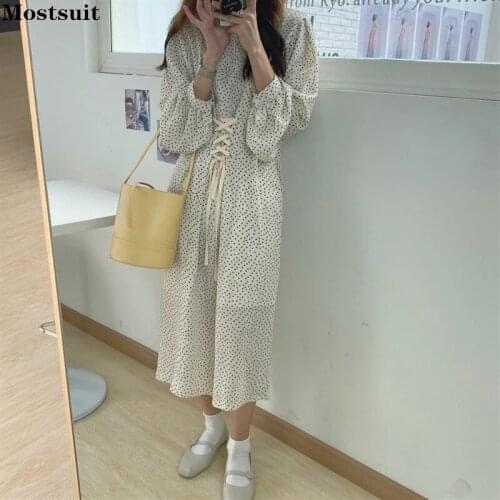 Spring Elegant Long Sleeve Dress Women Dots Bandage Tunic Fashion Maxi Dresses Korean 2021 Ropa Mujer