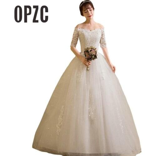 Real Photo Wedding Dress 2020 Autumn Half Sleeve Boat Neck Lace Appliques Ball Gown Off The Shoulder Princess Vestidos De Novia