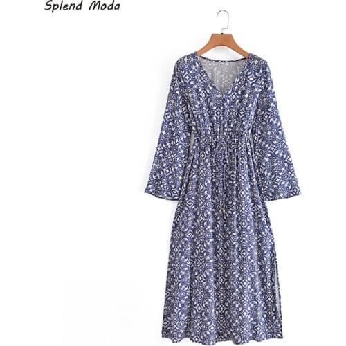 Splend Moda Fashion New Vintage Autumn V-Neck Sexy High Split Long-Sleeve Print Lace-Up Ankle-Length Dress Women Zipper Vestido