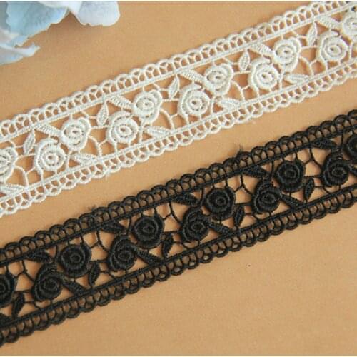 10yards/lot 3cm wide white black rose embroidery lace trim water soluble ribbon