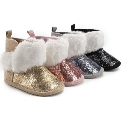 Baby Boy Girl Boots Shoes Fashion Winter Warm Snow Soft Boots Solid Color Elegant Sequins Knitting Cotton Wool Half Boots 0-18M
