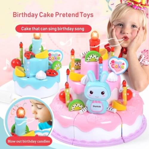 Children Kitchen Cutting Toys Birthday Cake Pretend Play Toys Plastic Miniature Cake With Light And Music Girls Education Toys