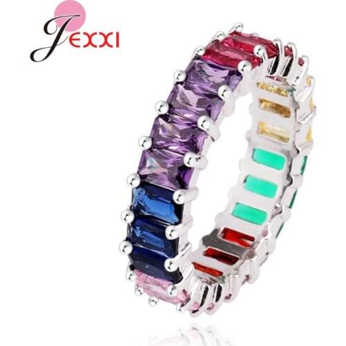 Holiday Style 925 Sterling Silver Jewellery Sets for Brides Rainbow Cubic Zircon Inlay Paved Rings/Necklaces/Bracelets/Bangles