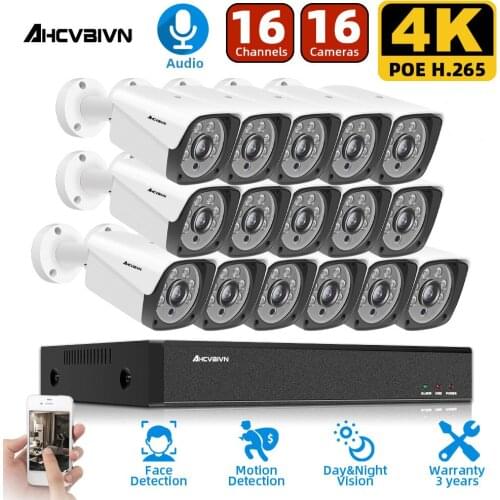 4K H.265 16CH 8MP HD POE NVR Kit CCTV System Outdoor Waterproof Audio AI IP Camera P2P Video Security Surveillance Set 4TB HDD