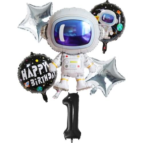 6Pcs Outer Space Party Astronaut Balloons Number Foil Balloons 1st Birthday Party Boy Kids Birthday Party Decor Helium Globals