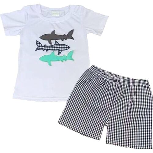 Cute boutique kids clothes fish embroidered summer boys 100% cotton clothing shirt shorts outfit for baby boys