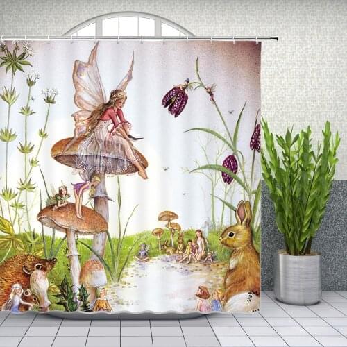 Cartoons Shower Curtains Flower Fairy Beautiful Wing Girl Elves Animal Rabbit Bathroom Decor Home Bathtub Waterproof Polyester