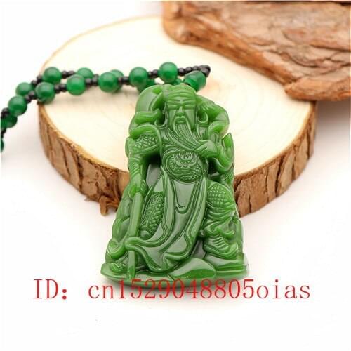 Natural Green Chinese Jade Guangong Pendant Beads Necklace Fashion Charm Jadeite Jewelry Carved Amulet Gifts for Women Men