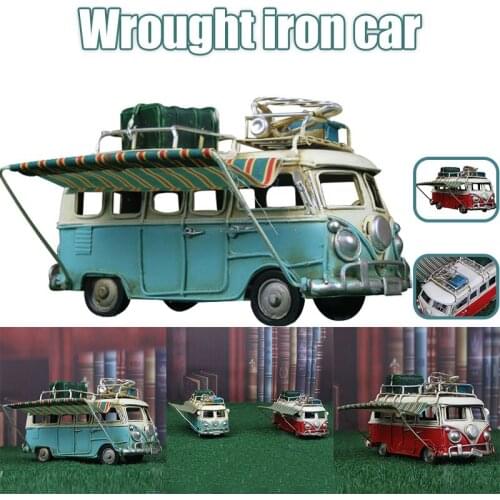 New Metal Car Model Vintage RV Camper Van Toy Simulation Limousine Beach Bus Home Decor for Desktop Shelf Figurines Miniatures