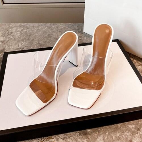 2021 new summer transparent sandals womens middle heel thick heel crystal high heel shoes fairy style one line sandals