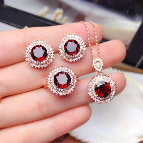 New design garnet jewelry set ring stud earrings and necklace real 925 silver round natural gem red gem girl birthday gift sale