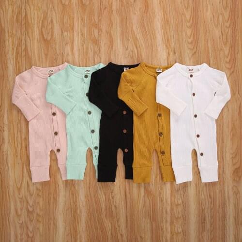 2020 0-18M Newborn Baby Boy Girl Fall Romoper 5 Color Solid Single-breasted Fly Knited Long Sleeve Jumpsuit One Piece Long Pants