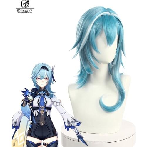 ROLECOS Game Genshin Impact Cosplay Wig Hair Eula Cosplay Wig Blue Headwear Eula Cos Hair Heat Resistant Synthetic Hair