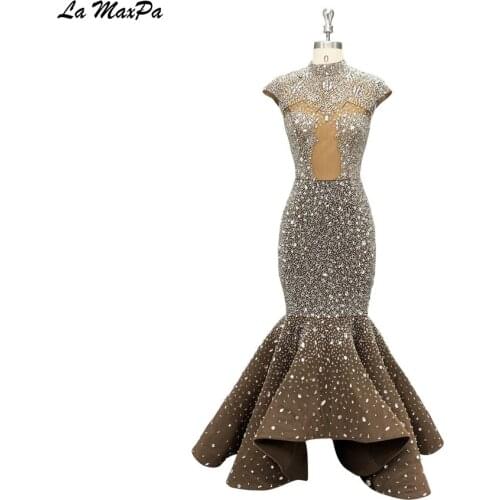 Dark Champagne High Low Luxury Heavy Beaded Prom DressCMT78