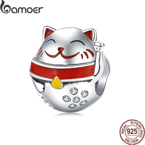 Bamoer 925 Sterling Silver Japanese Lucky Cat Enamel Animal Charm for Women Original Silver Snake Bracelet 3mm Jewelry SCC1374