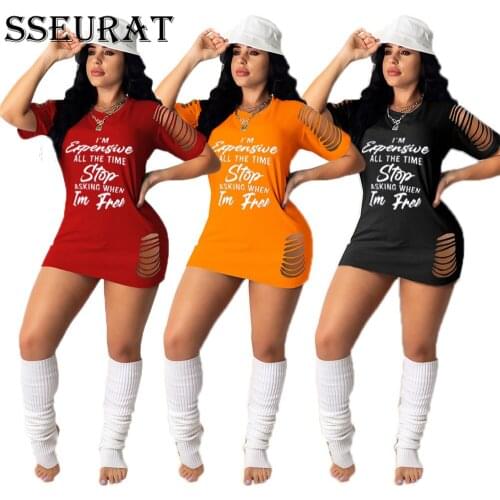 SSEURAT Women Dress Print Hole Short Sleeve Loose Straight Mini Dresses Female Casual Dress Summer Outfit 2021