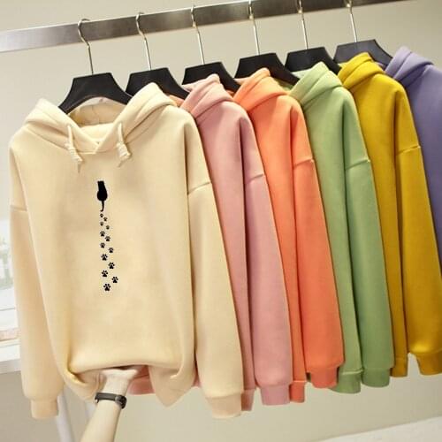 Harajuku Plus Size Sweatshirt Women Winter Cute Woman Hoodie Cotton Cat Footprints Japan Style Jogging Femme Korean Clothes