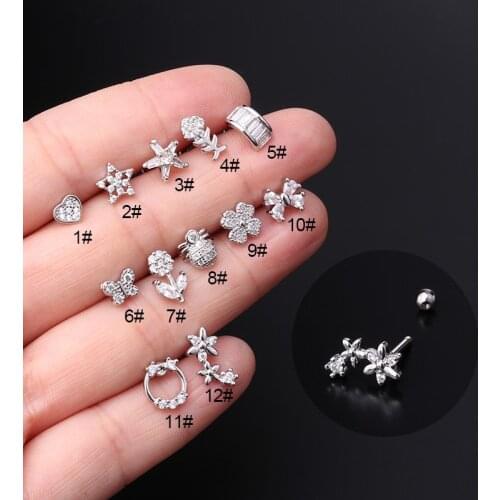 1PC 16G Silver Color Stainless Steel CZ Cartilage Earring Star Flower Butterfly Helix Cartilage Tragus Lobe Ear Piercing Jewelry