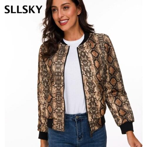 SLLSKY Women Snake Skin Print Jackets Spring Autumn New Casual Baseball Jackets Long Sleeve Zipper Closure Sreetwear Coat
