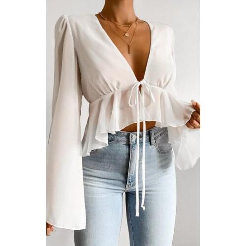 Summer Women Chiffon T-Shirts Long Sleeve Sun Protective Lace Up Sexy V-Neck Spring Female Blouse Casual Beach Style C2574