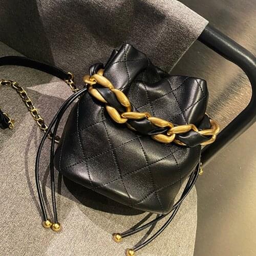 Vintage Genuine Leather Bucket Bags for Women 2021 Shoulder Bag Diamond Pattern Chain Crossbody Bags Sheepskin Handbag Female