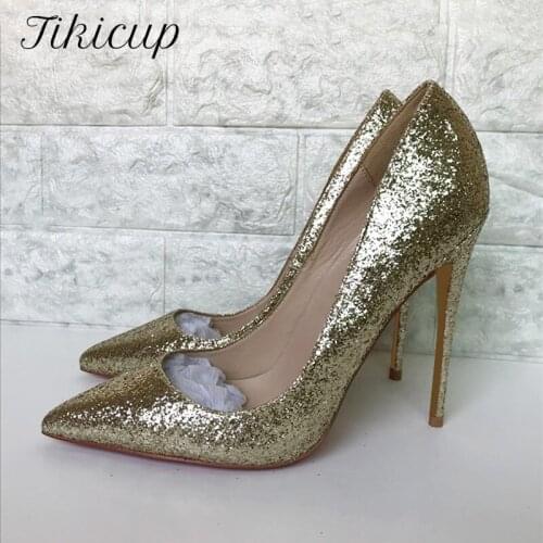 Tikicup Women Shiny Gold Pointed Toe Stiletto High Heels Chic Ladies Bling Wedding Shoes Fashion Slip On Pumps Plus Size 34-45