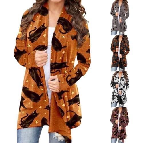 Women Halloween Top Long Sleeve Funny Cute Black Cat Ghost Pumpkin Graphic Tops Cardigan Coat Lightweight Outwear Hoody